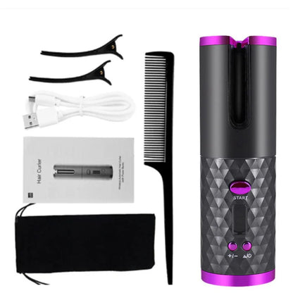 Kabelloser automatischer Lockenstab, schwarz-lila, mit Zubehör, USB-Ladekabel, Haarklammern.