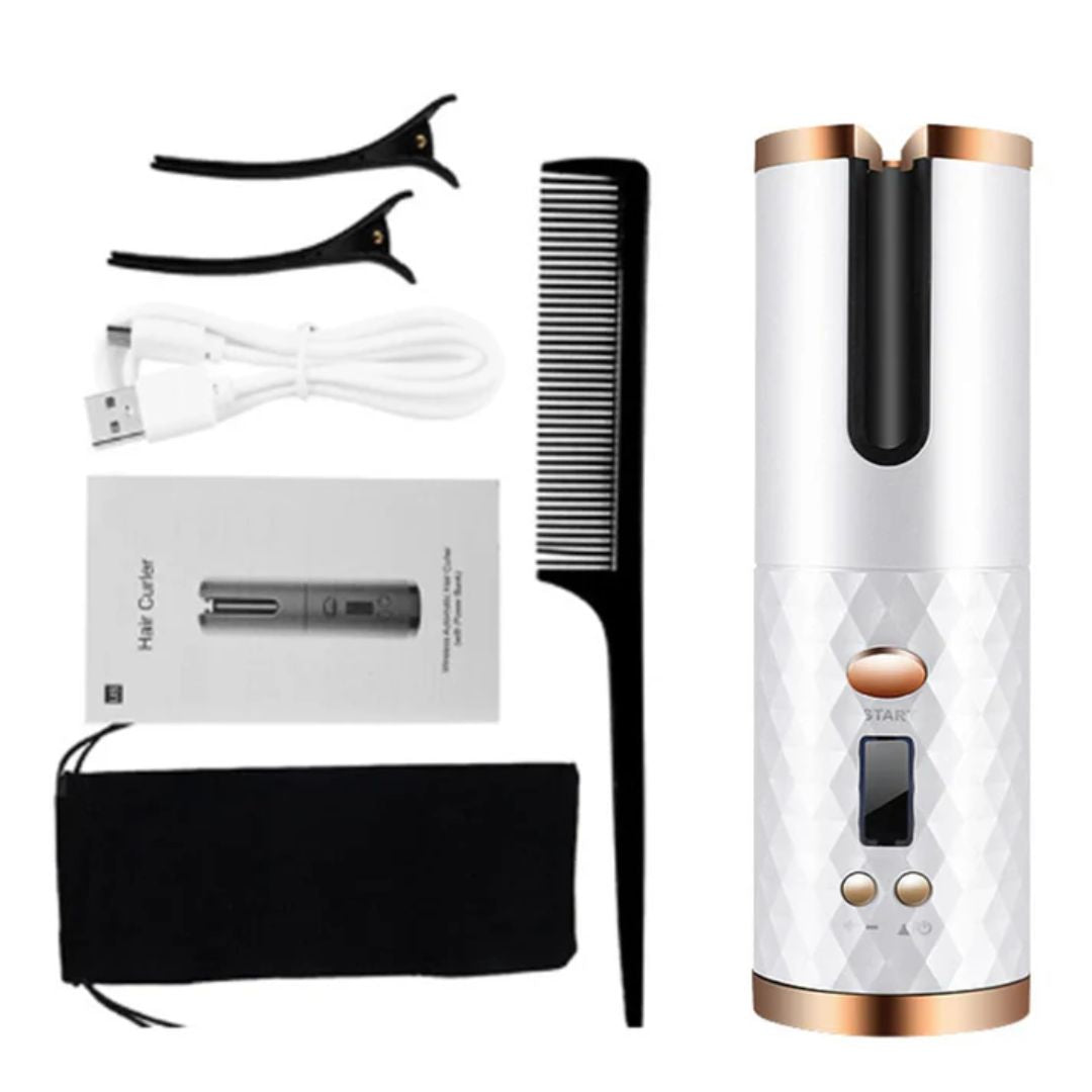 Kabelloser Lockenstab Set, weiß-gold, mit Kamm, USB-Kabel, Haarklammern, Anleitung, Tasche.