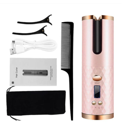 Rosa kabelloser Lockenstab Set mit Kamm, USB-Kabel, Haarklammern und Tasche.