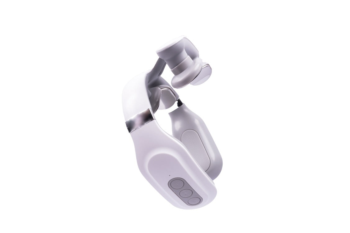 Weißes Nackenmassagegerät mit Bedienelementen, ergonomisches Design, kabellos, für Entspannung.