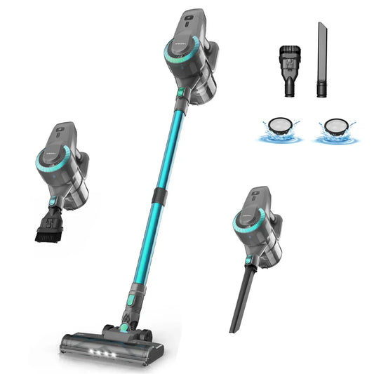Kabelloser Staubsauger, blau-grau, mit Zubehör, HEPA-Filter, für Teppiche und Hartböden.