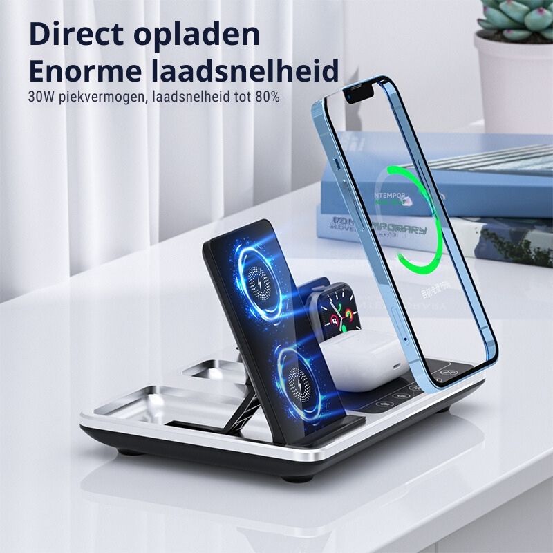 Drahtlose Ladestation, 30W, für Smartphones und AirPods, schnelles Laden, modern, silber.