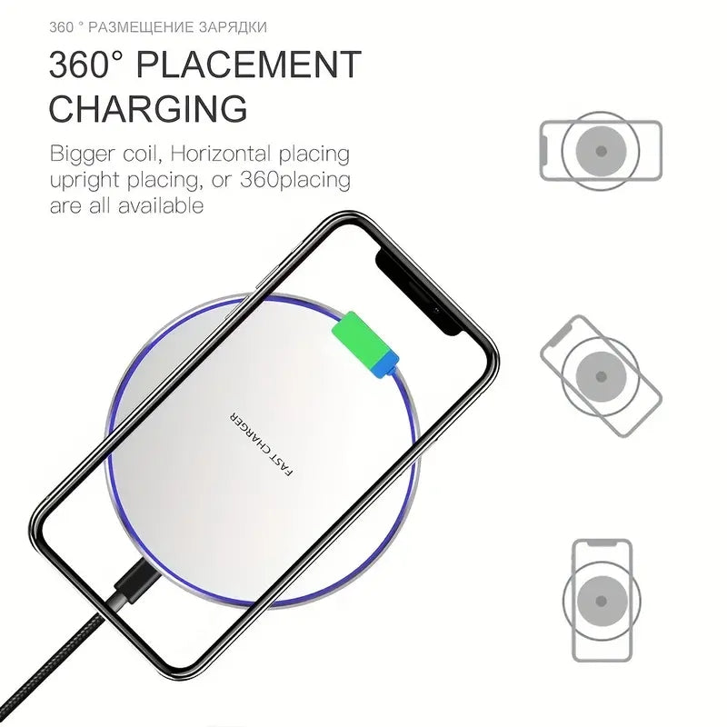 Kabelloses Ladegerät, rund, mit Smartphone, 360-Grad-Laden, Schnellladefunktion, schwarz.