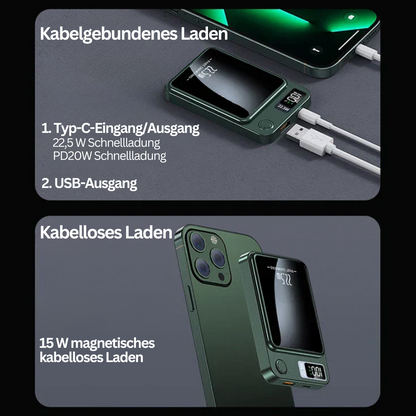 Grüne Powerbank mit kabellosem Laden, Typ-C und USB-Anschlüssen, 15W magnetisch, Schnellladung.