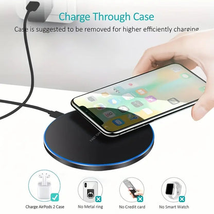 Kabelloses Ladegerät mit Smartphone, schwarz, rund, LED-Ring, schnelles Laden, kompatibel mit Hülle.