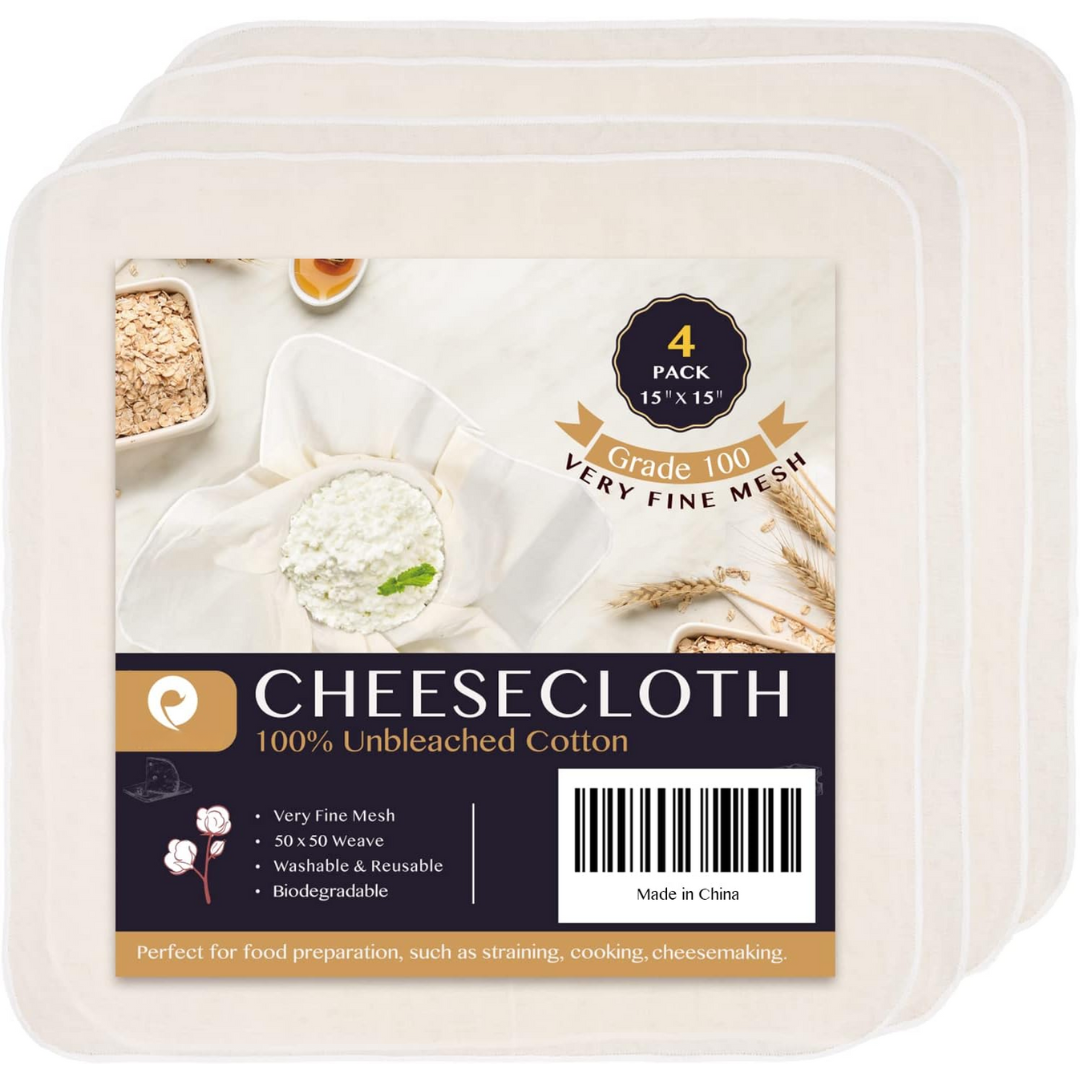 Viererpack Käsetuch, 100% ungebleichte Baumwolle, 15x15 Zoll, feinmaschig, waschbar, biologisch abbaubar.