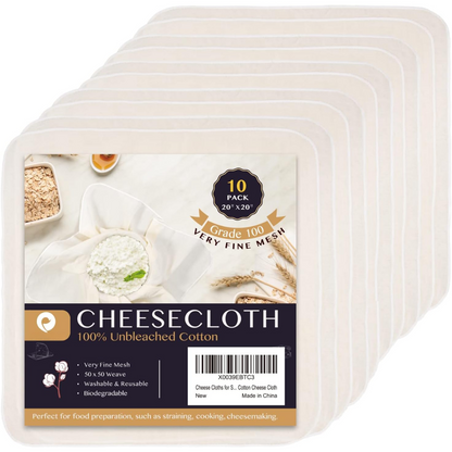 10er-Pack Käsetuch, 100% ungebleichte Baumwolle, 20"x20", feinmaschig, waschbar, biologisch abbaubar.