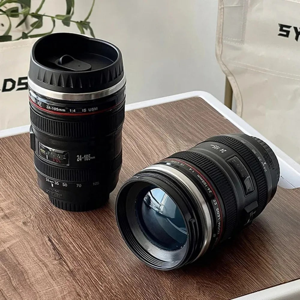 Kaffeetasse in Kameraobjektiv-Design, schwarz, Fotografie-Geschenk, originelles Gadget.