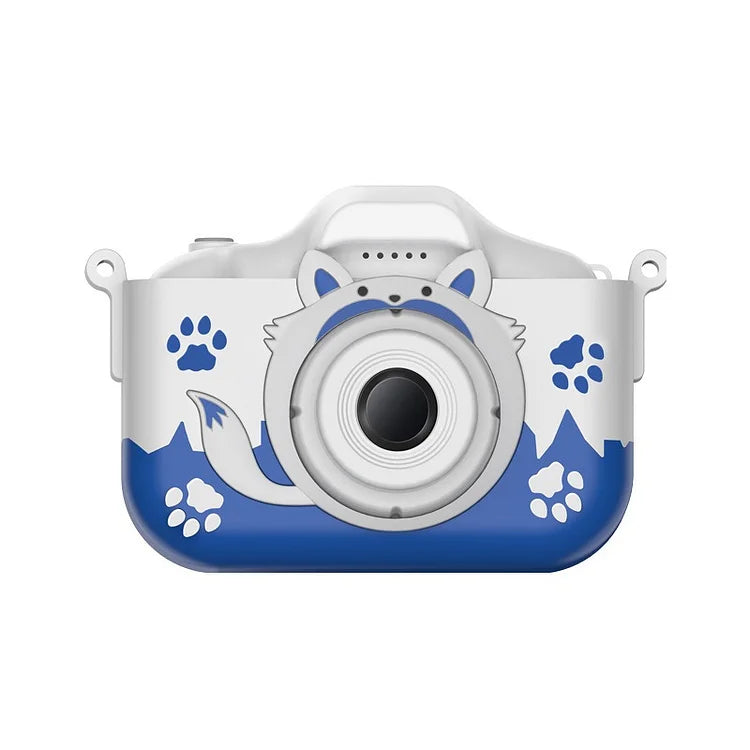 Kinderkamera mit blauem Fuchs-Design, digital, robust, ideal für Kinderfotografie.