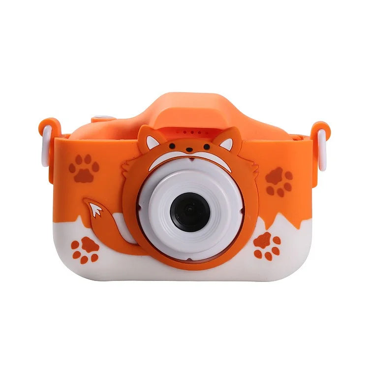 Orange Kinderkamera mit Fuchsdesign, niedlich, digital, Spielzeugkamera für Kinder.