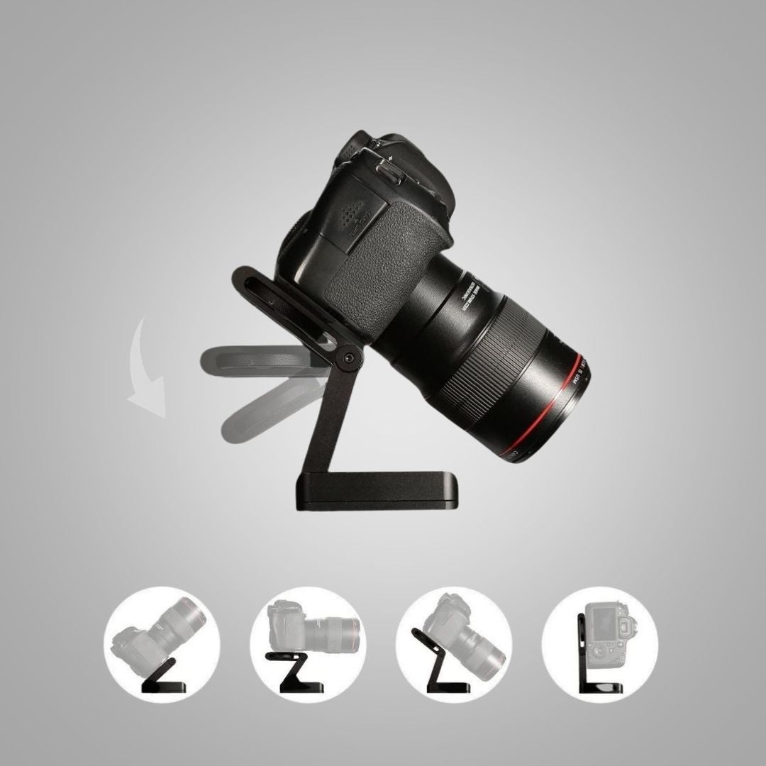 Schwarzer Kamera-Stativhalter, verstellbar, für DSLR-Kameras, robustes Design.