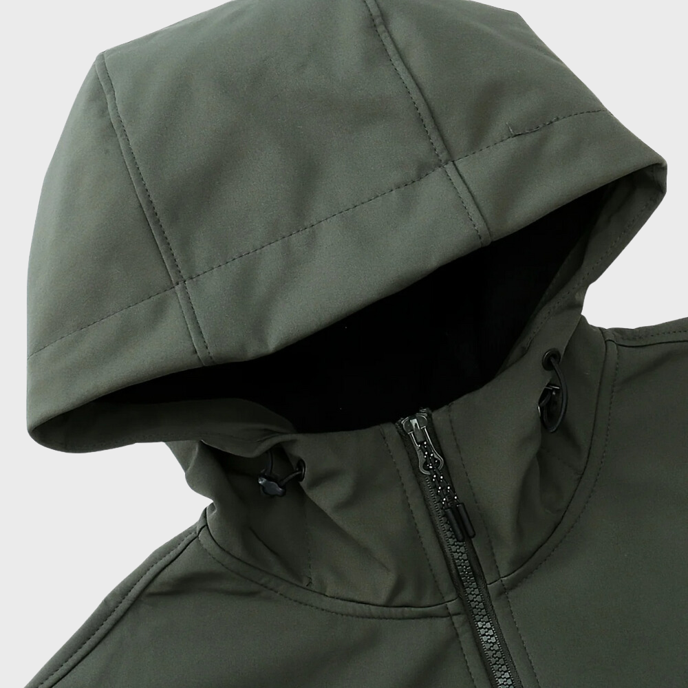 Armeegrüne Herren-Kapuzenjacke, Reißverschluss, wetterfest, lässiger Stil.