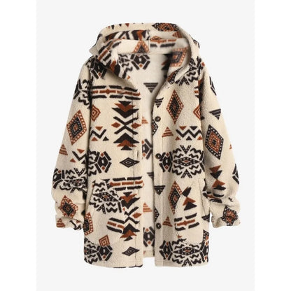 Damen Kapuzenjacke, Ethno-Muster, beige, Fleece, warm, modisch, Herbst/Winter, Freizeitkleidung.