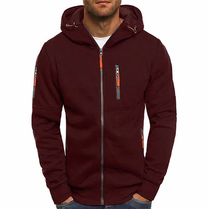 Dunkelrote Herrenjacke mit Kapuze, Reißverschlüssen, sportlich, lässig, Baumwolle.