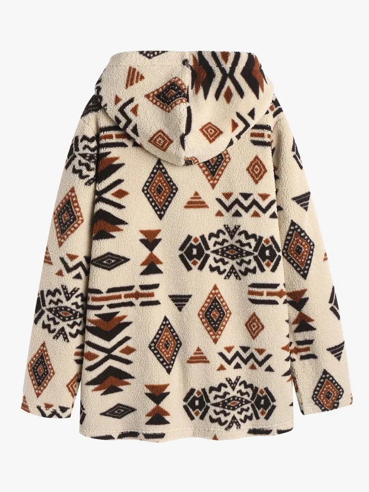 Kapuzensweatshirt mit Ethno-Muster, beige, Fleece, geometrische Formen, Herrenmode, warm.