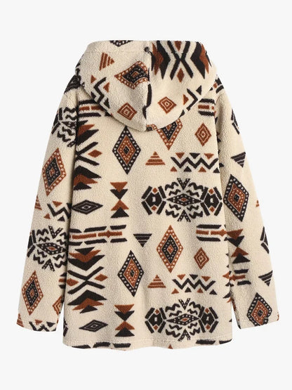 Kapuzensweatshirt mit Ethno-Muster, beige, Fleece, geometrische Formen, Herrenmode, warm.