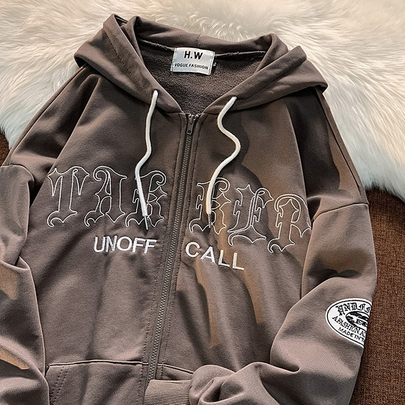 Grauer Kapuzenpullover mit Reißverschluss, Aufschrift "UNOFF CALL", Streetwear, Baumwolle.