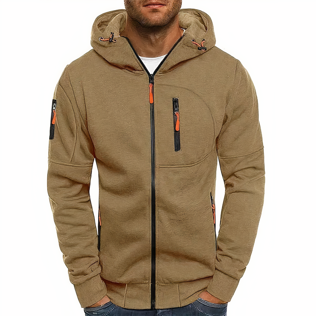 Beige Herren-Kapuzenjacke mit Reißverschlüssen, sportlich, lässig, Baumwolle, Outdoor-Bekleidung.