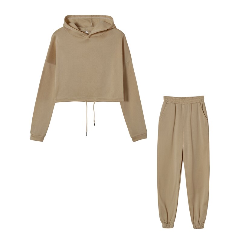 Beiges Damen-Sweatshirt und Jogginghose Set, Kapuzenpullover, Freizeitmode, Baumwolle.