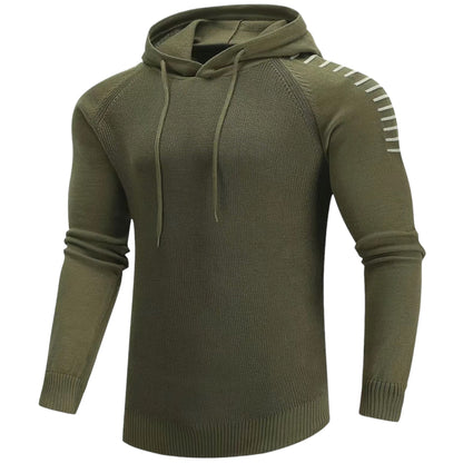 Grüner Herrenpullover mit Kapuze, Strickmuster, Langarm, Freizeitmode, Baumwolle.