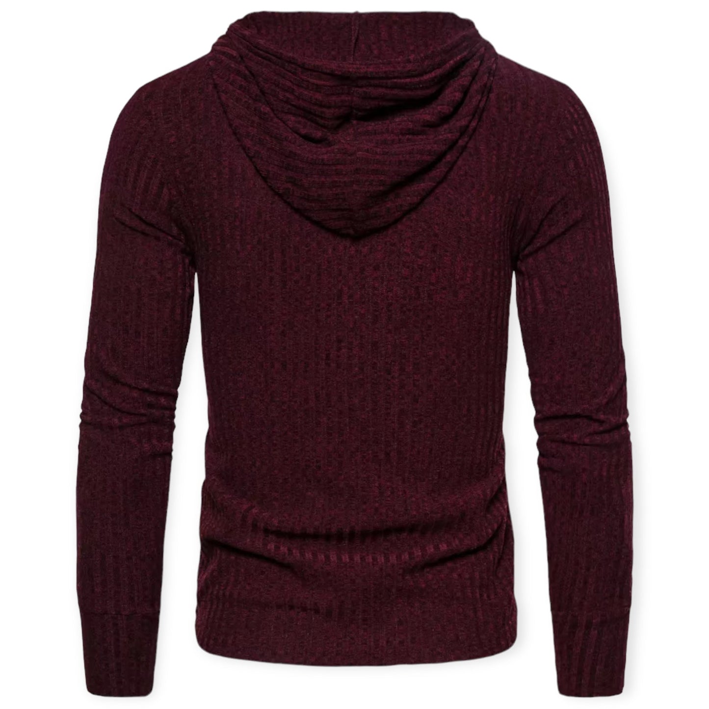Bordeauxfarbener Herren-Hoodie aus Strickstoff, Rückansicht, modisch, bequem, langärmelig.