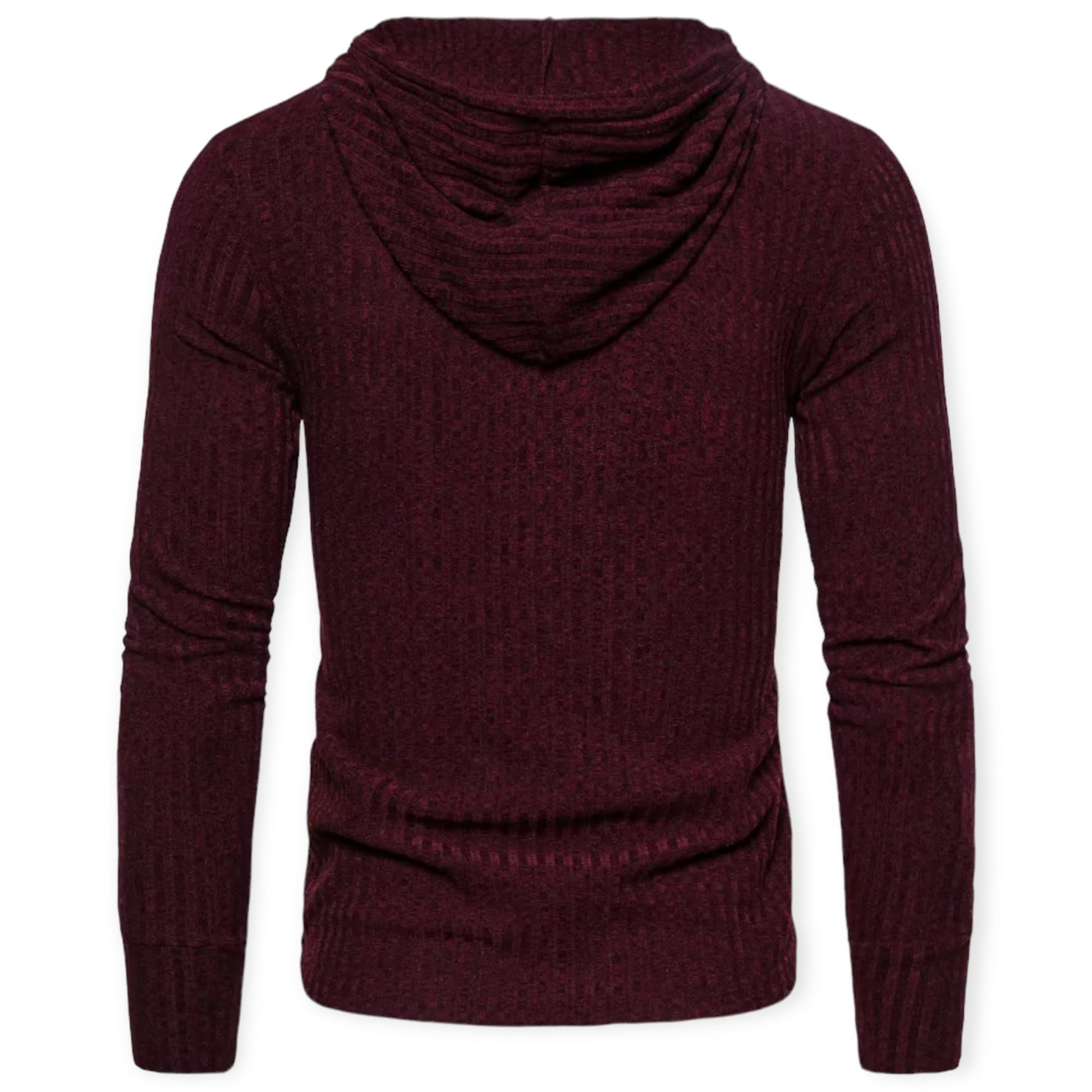 Bordeauxfarbener Herren-Hoodie aus Strickstoff, Rückansicht, modisch, bequem, langärmelig.