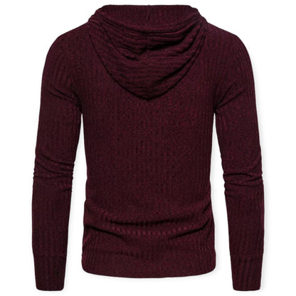 Bordeauxfarbener Herren-Hoodie aus Strickstoff, Rückansicht, modisch, bequem, langärmelig.