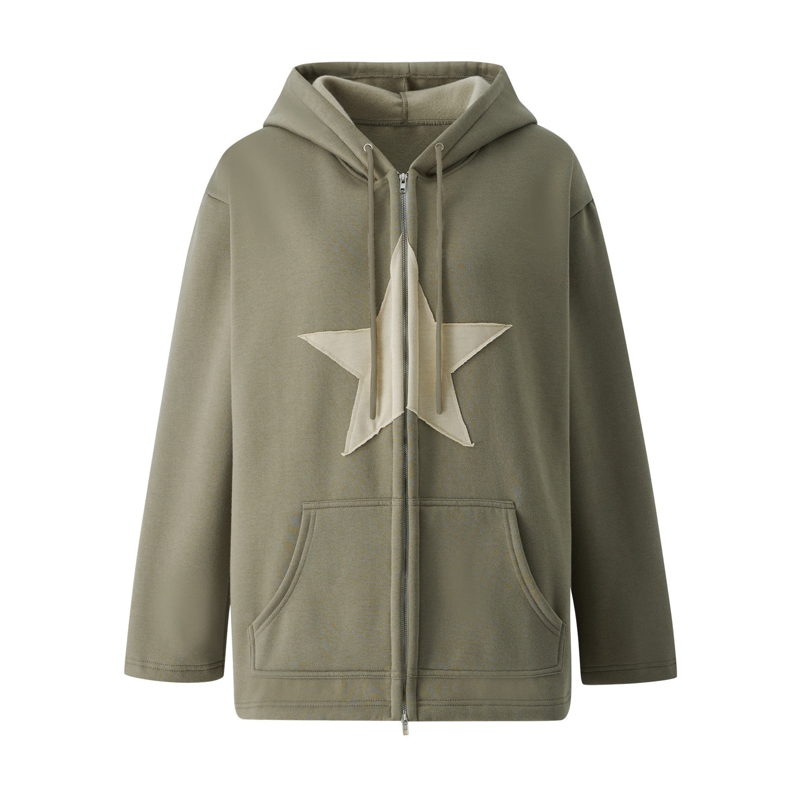Khakifarbener Kapuzenpullover mit Sternmotiv, Reißverschluss, Kängurutaschen, Baumwolle.