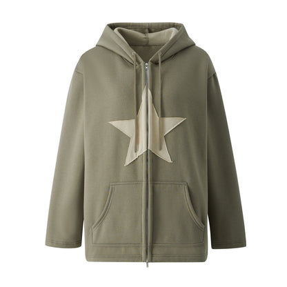Khakifarbener Kapuzenpullover mit Sternmotiv, Reißverschluss, Kängurutaschen, Baumwolle.