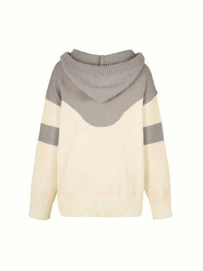 Beige und grauer Kapuzenpullover, Strick, Unisex, lässig, Herbstmode, weiches Material.
