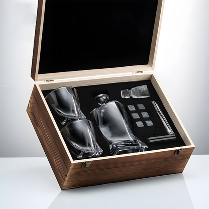 Luxus Whisky-Set in Holzkiste, Kristallkaraffe, Gläser, Kühlsteine, Geschenkset