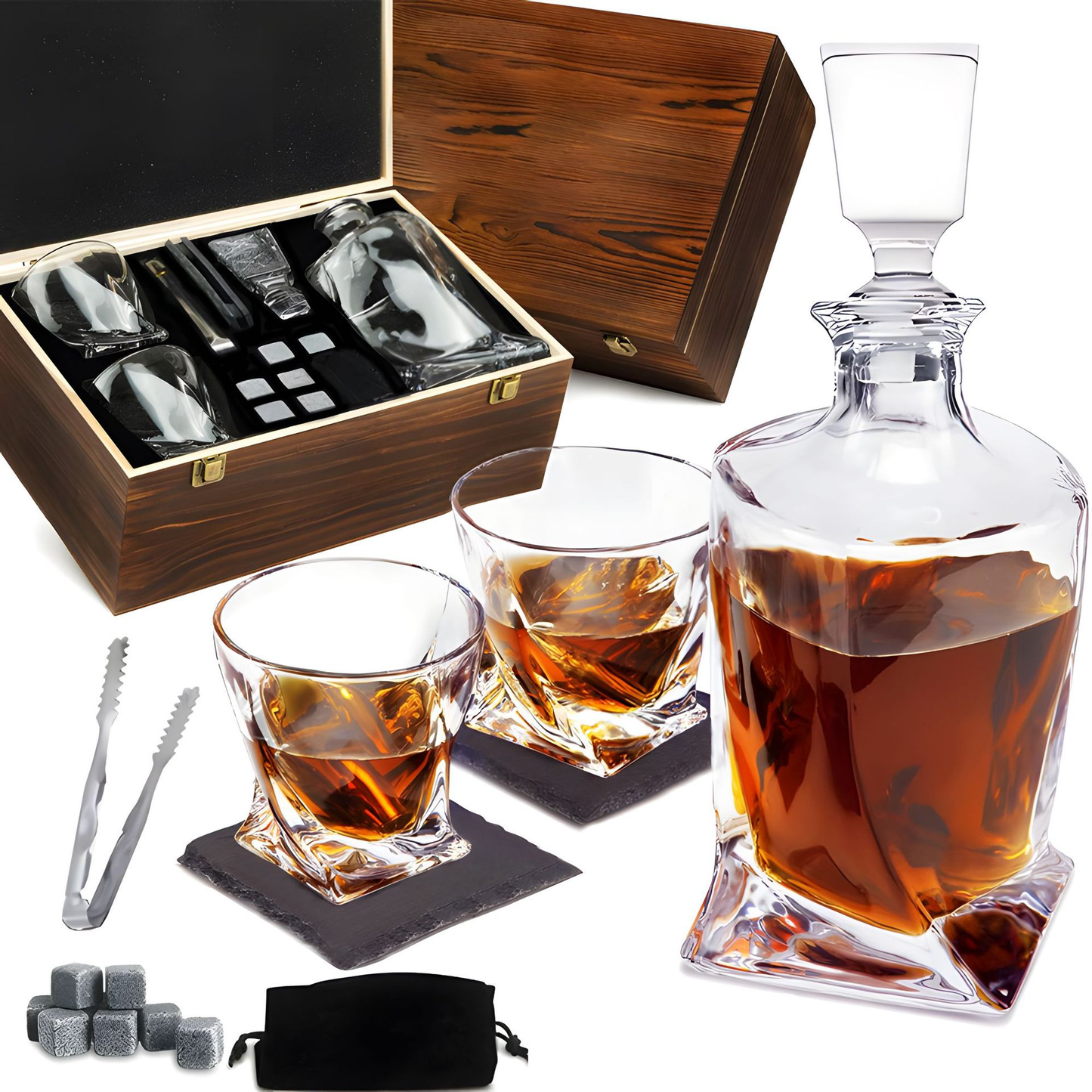 Whiskey-Set mit Kristallkaraffe, Gläsern, Holzbox, Kühlsteinen, Zange, ideal als Geschenk.