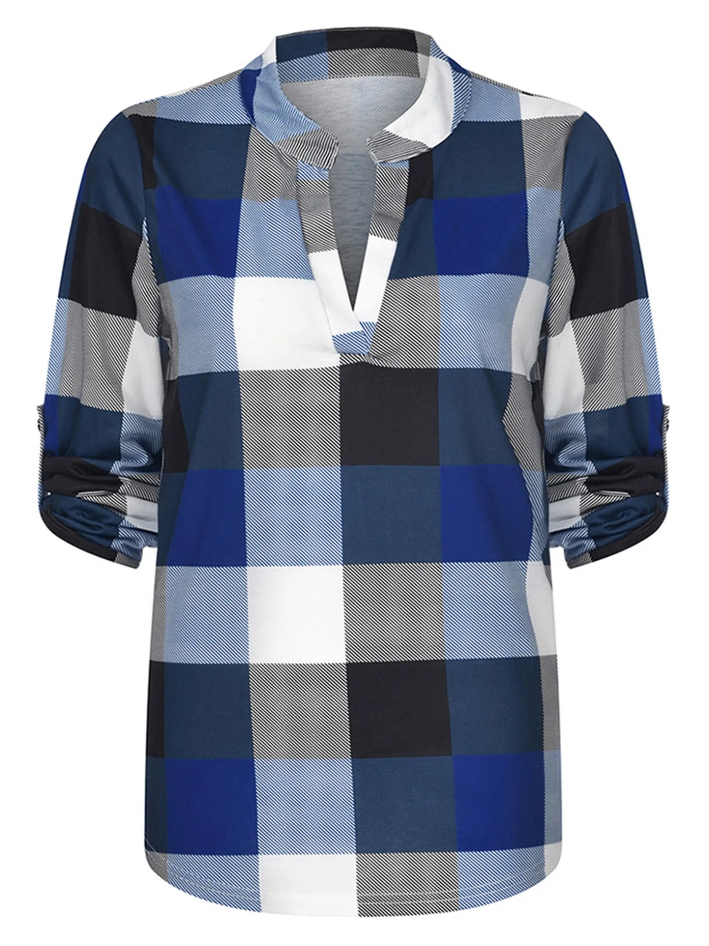 Damenbluse kariert blau-weiß, V-Ausschnitt, langärmlig, Freizeitmode, Baumwolle.
