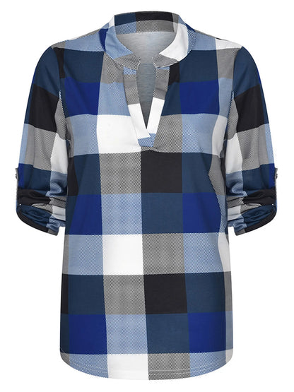 Damenbluse kariert blau-weiß, V-Ausschnitt, langärmlig, Freizeitmode, Baumwolle.