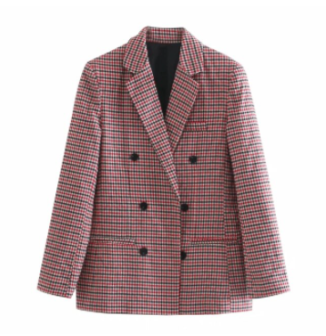 Damen Blazer kariert rot-schwarz, zweireihig, modisch, elegant, Business-Look, Herbstmode.
