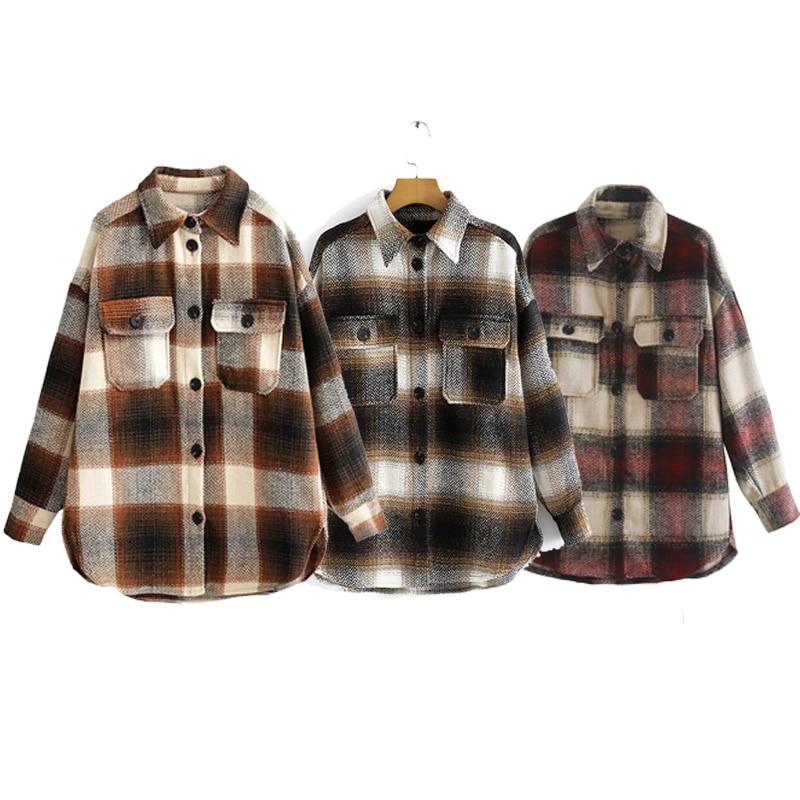 Damen-Karojacke, halblang, braun-rot, Vintage-Streetwear, ideal für Frühling.
