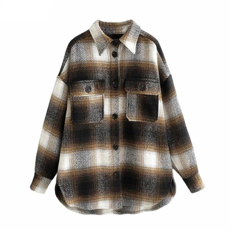 Damenjacke kariert braun, halblang, Vintage-Streetwear, ideal für Frühling.
