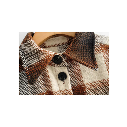Damen-Tartan-Mantel, halblang, braun-beige, Vintage-Streetwear, ideal für Frühling.
