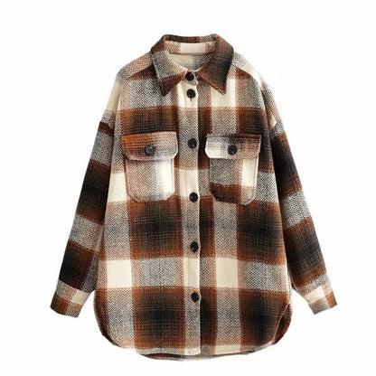 Damenjacke kariert braun-beige, Übergangsjacke, Vintage-Streetwear, ideal für Frühling.