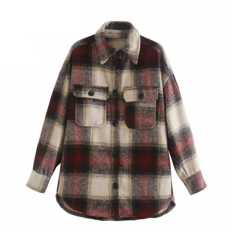 Damenjacke kariert, weinrot, halblang, Vintage-Streetwear, ideal für Frühling.
