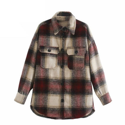 Damenjacke kariert, weinrot, halblang, Vintage-Streetwear, ideal für Frühling.