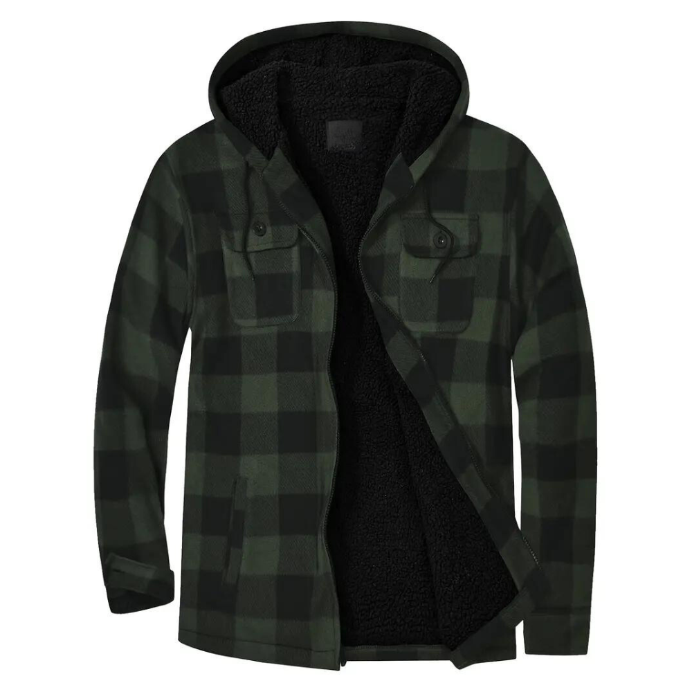 Grüne karierte Herrenjacke mit Kapuze, Fleece-Innenfutter, warm, modisch, Outdoor-Bekleidung.