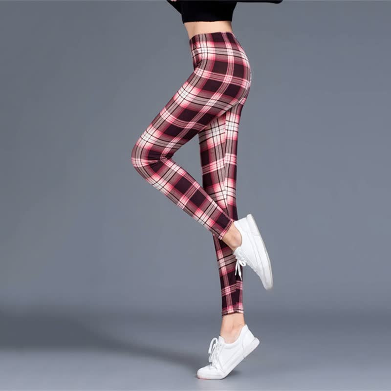 Damen Leggings kariert rot-weiß, hohe Taille, bequem, modisch, Freizeitkleidung.