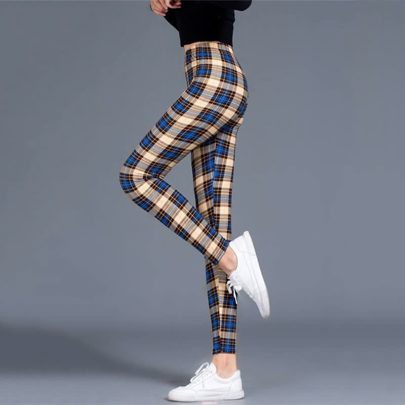 Damen Leggings kariert blau beige, hohe Taille, bequem, modisch, Freizeitkleidung.