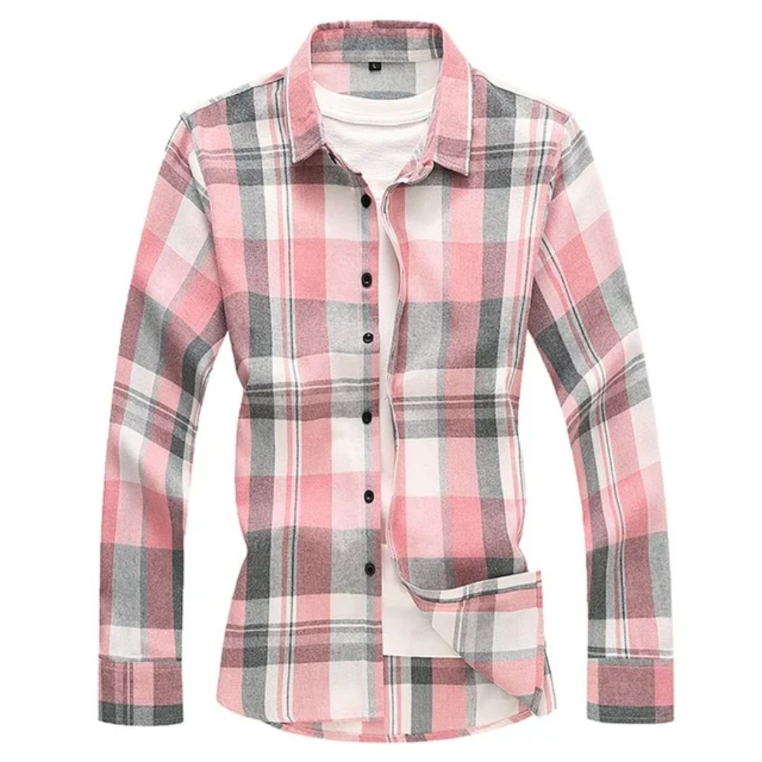 Rosa kariertes Flanellhemd für Damen, langärmelig, Baumwolle, Freizeitmode.