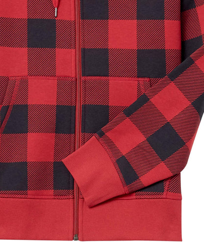 Rot-schwarz karierte Kapuzenjacke, Baumwolle, Reißverschluss, Herrenmode, Freizeitkleidung.