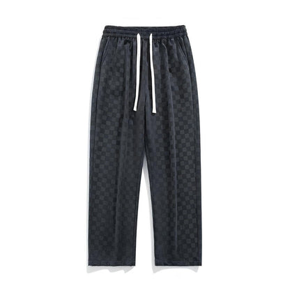 Schwarze karierte Jogginghose, elastischer Bund, Kordelzug, Herrenmode, Freizeitkleidung