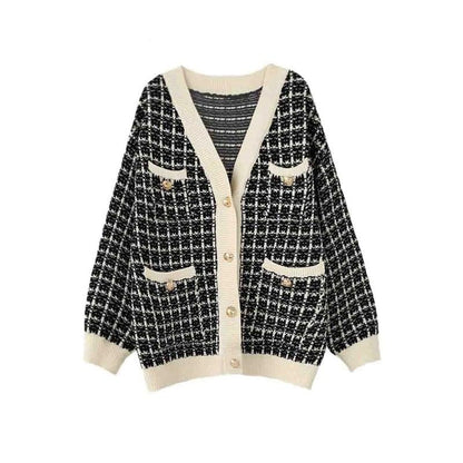 Schwarz-weißer karierter Cardigan mit V-Ausschnitt und Knöpfen, Damenmode, Strickjacke.