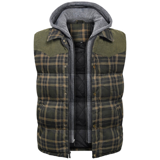Grün-karierte Herrenweste mit Kapuze, gesteppt, warm, Outdoor-Bekleidung, modisch.