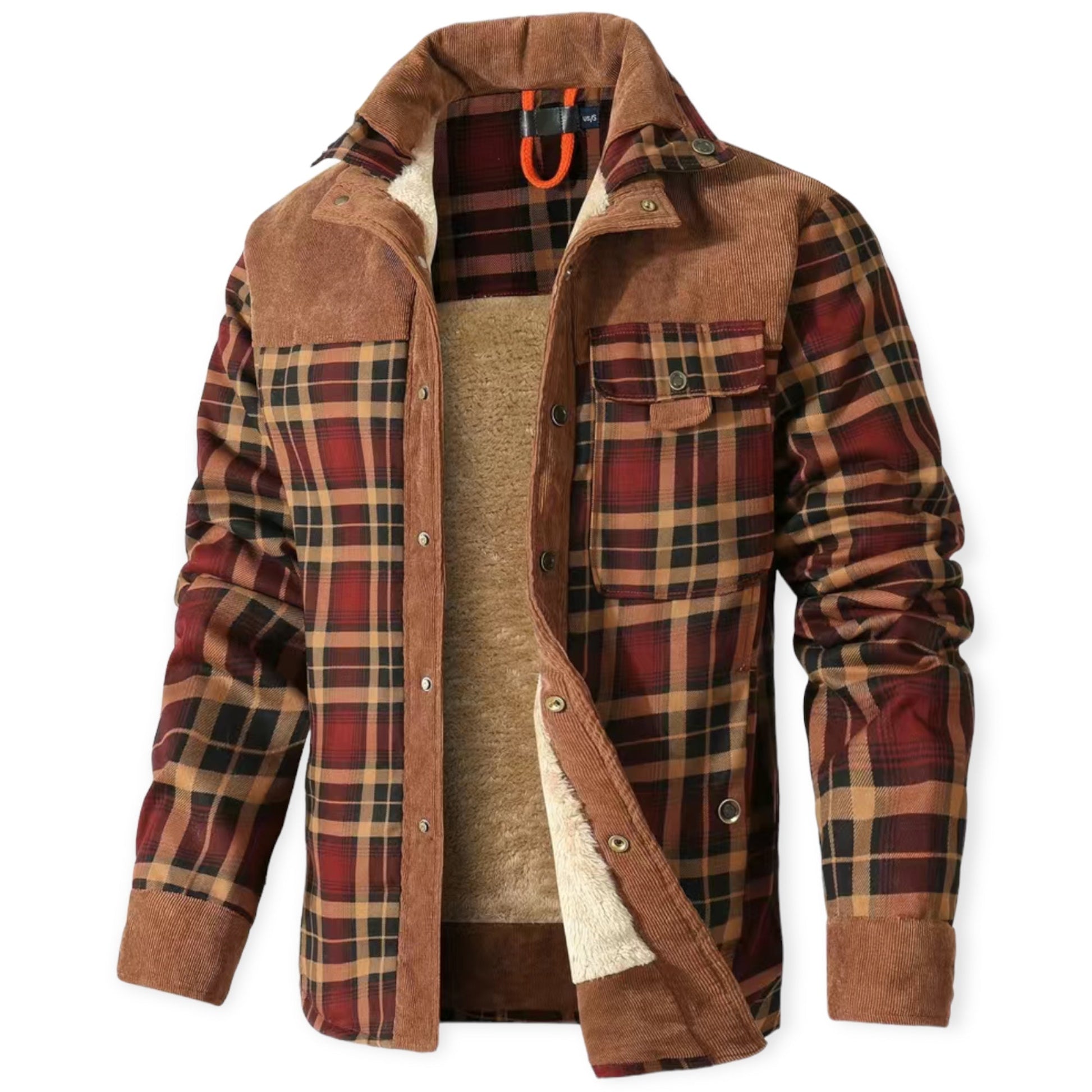 Kariertes Herrenhemd mit Fleece-Futter, braun-rot, warm, Wintermode, Baumwolle.